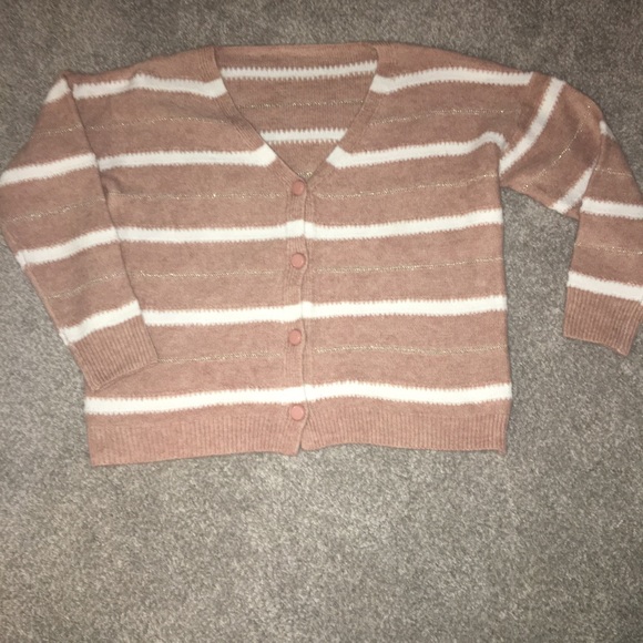 Chic Striped Tan & White Cardigan! - Picture 1 of 2
